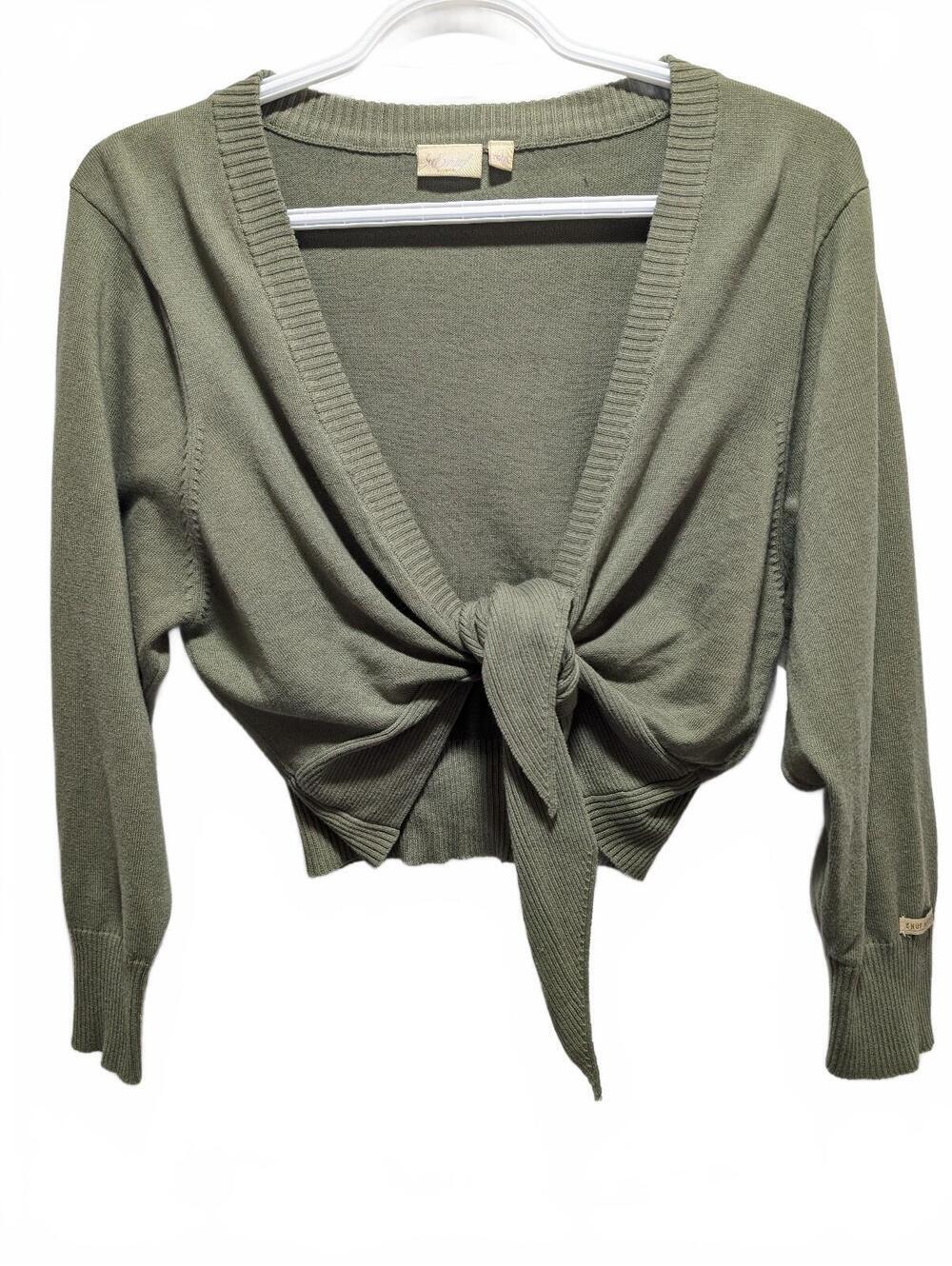E.N.U.F. International Cropped Tie Front Cardigan Sweater Olive Green 100%Cotton
